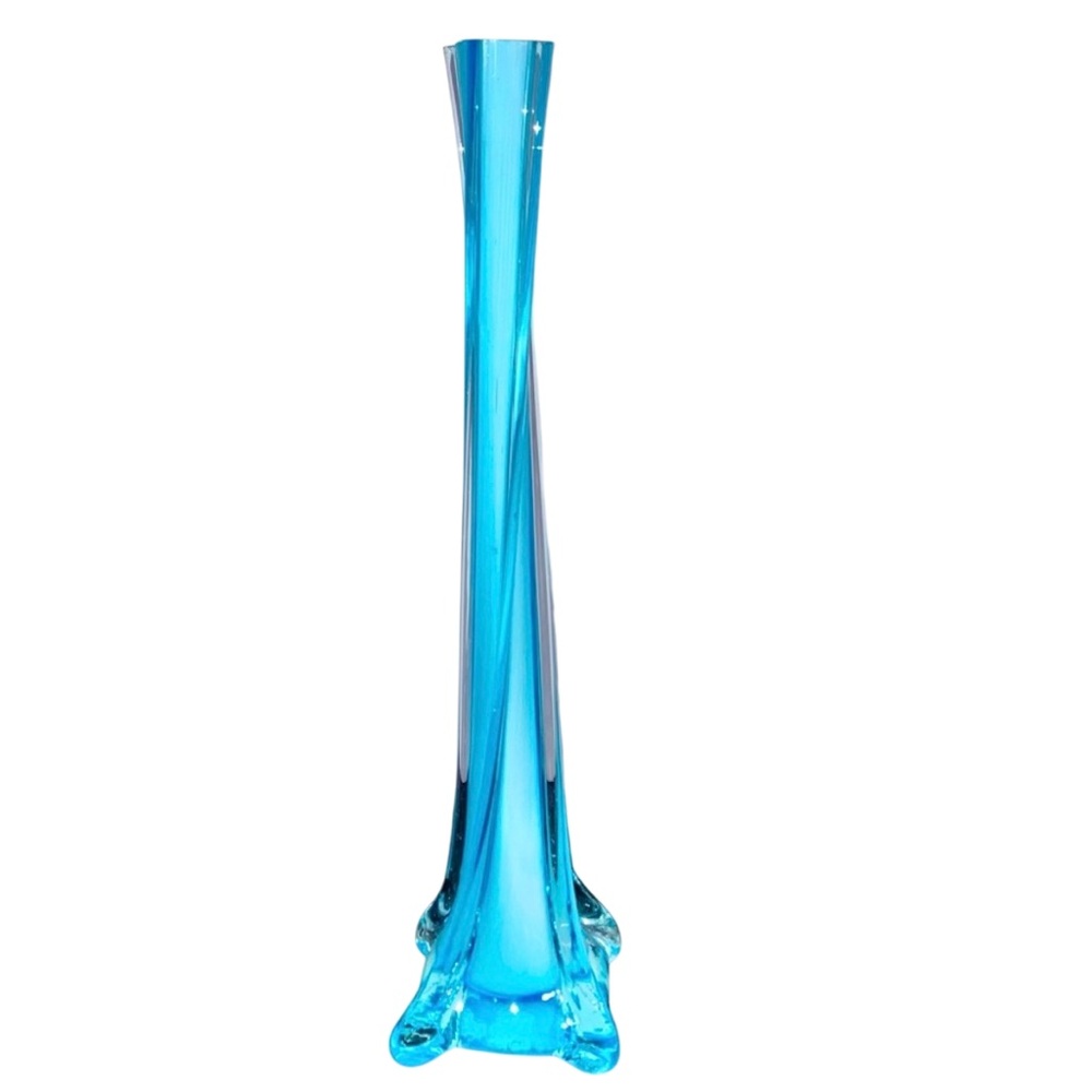 Vintage Czech Art Glass Bud Vase Sky Blue Mid Century Twisted